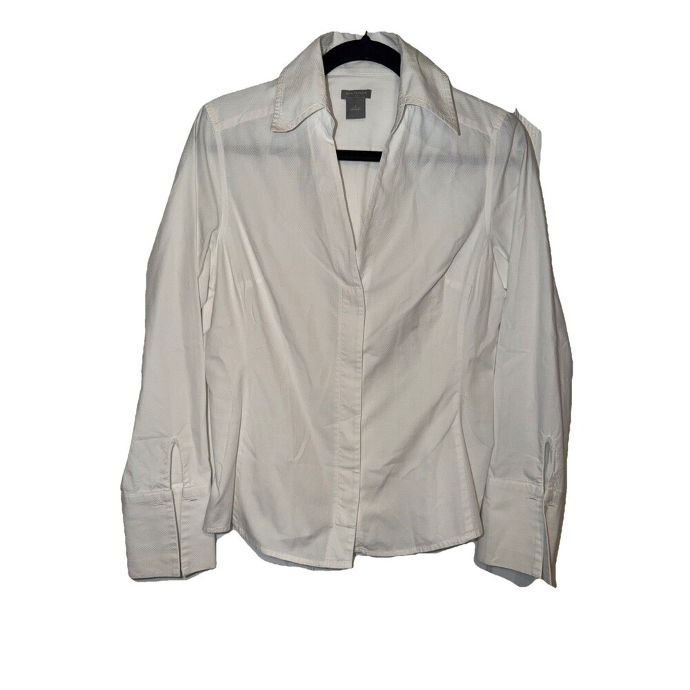 ANN TAYLOR Womens Top 8 Herringbone Long Sleeve Button Up Shirt Cotton White